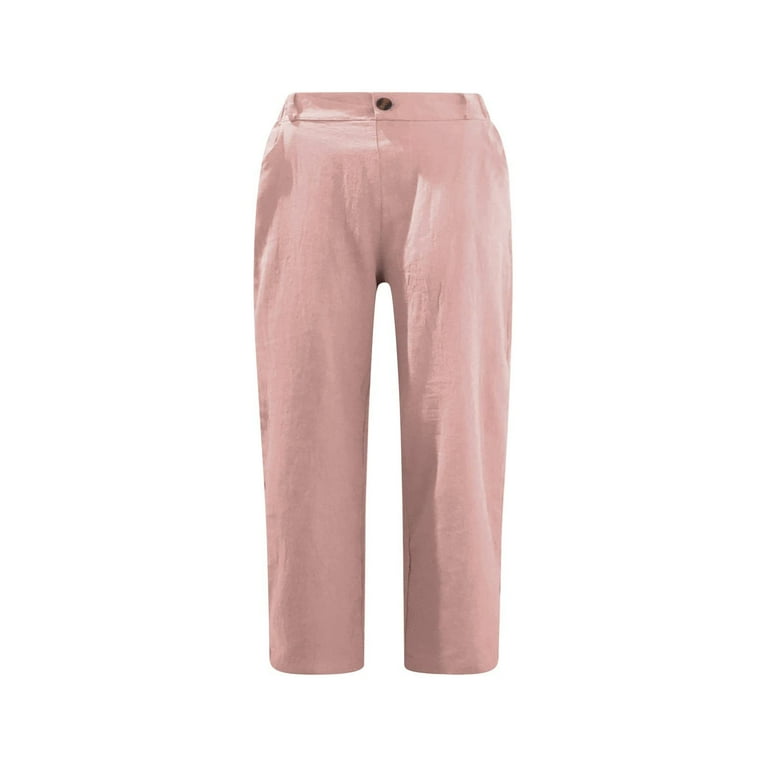 Womens Cotton Linen Capri Pants Solid Elastic Waist Comfy Cropped Leg Pants  with Pockets Rolled Hem Wide Leg Lounge Short Pants(S,Pink)