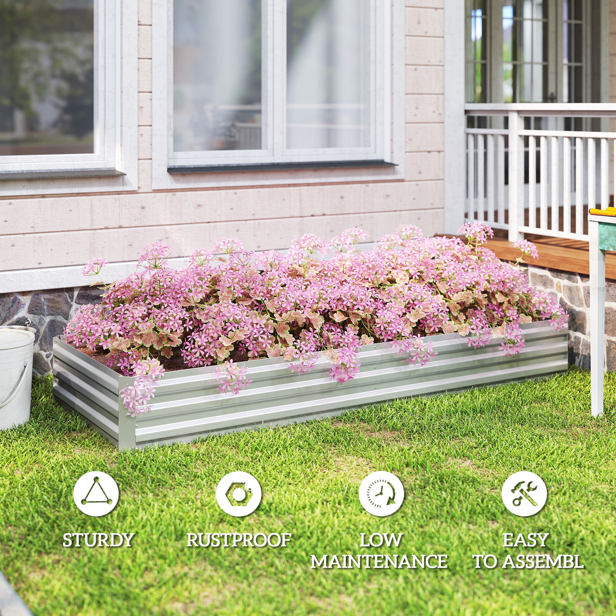 Outsunny 95" x 36" x 12" Galvanized Raised Garden Bed, Metal Elevated Planter Box, Easy DIY and Cleaning for Growing Flowers, Herbs, Silver