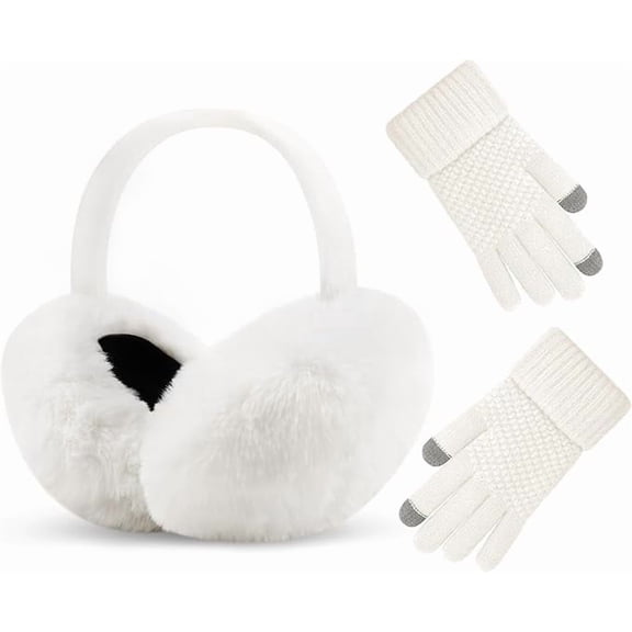 Winter Ear Muffs Gloves for Women Cute Foldable White Earmuffs Adjustable Ear Warmers Faux Fur Ear Covers Headband