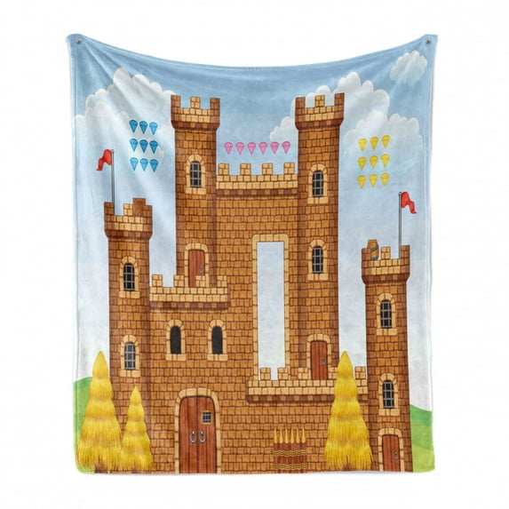Children Soft Flannel Fleece Blanket, Video Game Background with Castle Leisure Hobby Activity Kids Youth Design, Cozy Plush for Indoor and Outdoor Use, 50" x 70", Pale Caramel Blue, by Ambesonne