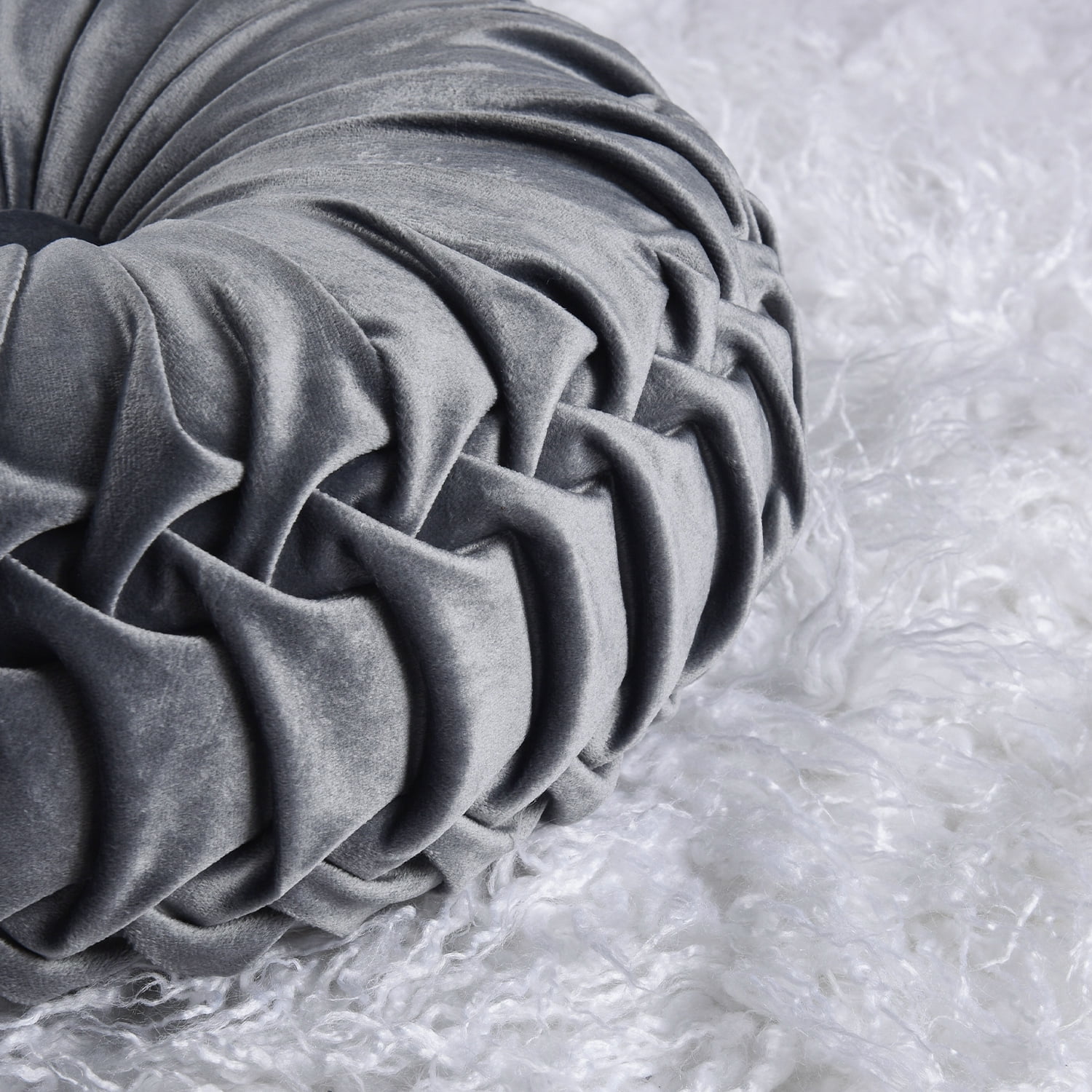 HIG Set of 2 Pumpkin Pleated Round Throw Pillows, Soft Velvet, Dark Gray, 14.5" Diameter