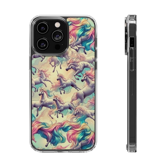 DistinctInk Hybrid (Acrylic / TPU) Clear Slim Fit Case for Apple iPhone 15 Pro MAX (6.7" Screen) - "Enchanting Unicorn Prance: A Majestic Rainbow Pattern"