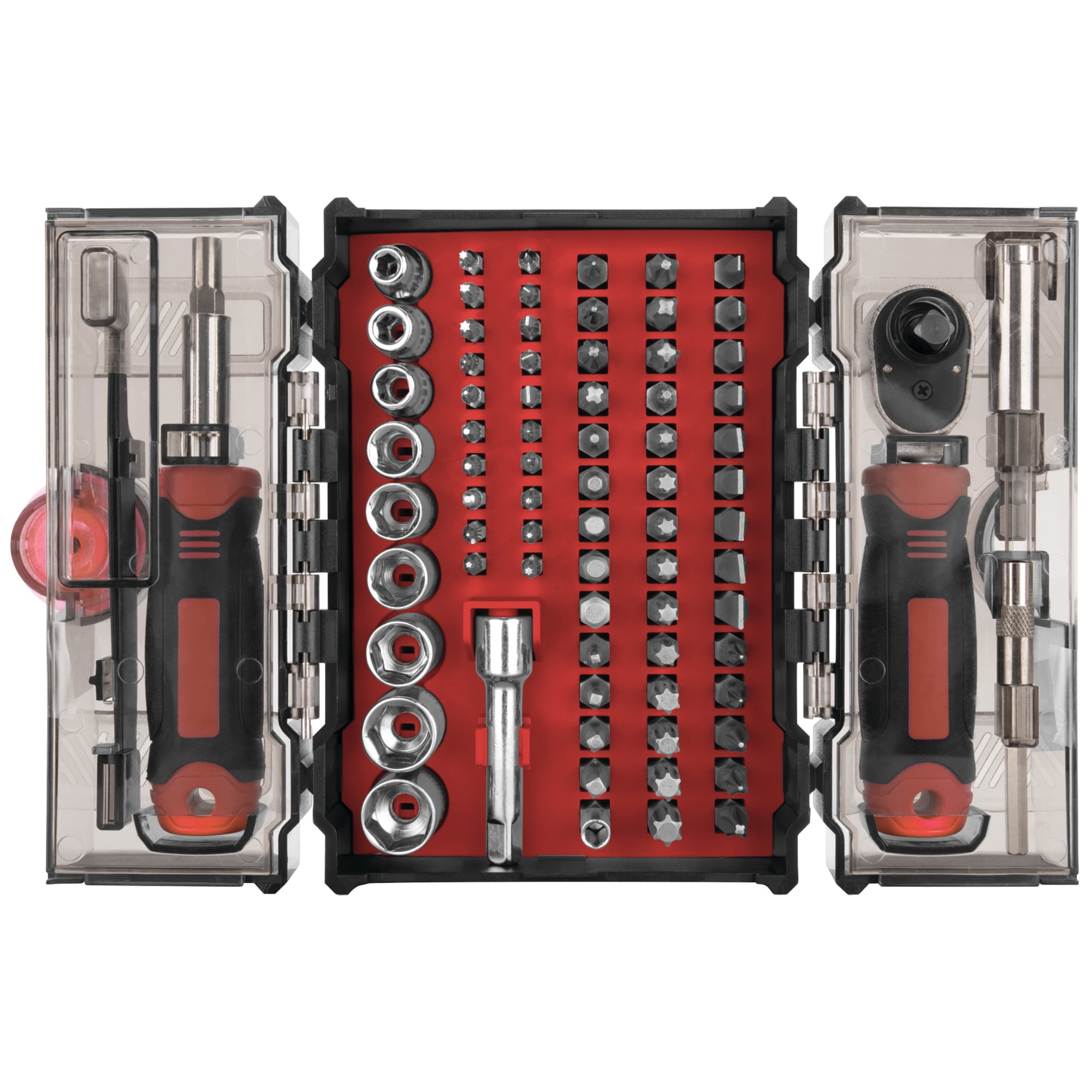 Performance Tool W1745 78 Pc. Ratcheting Driver Tool Set, 1/4 in. Drive Ratchet, Bit Driver, Extensions, Bit Holders, Bits and Sockets, Storage Case, Red