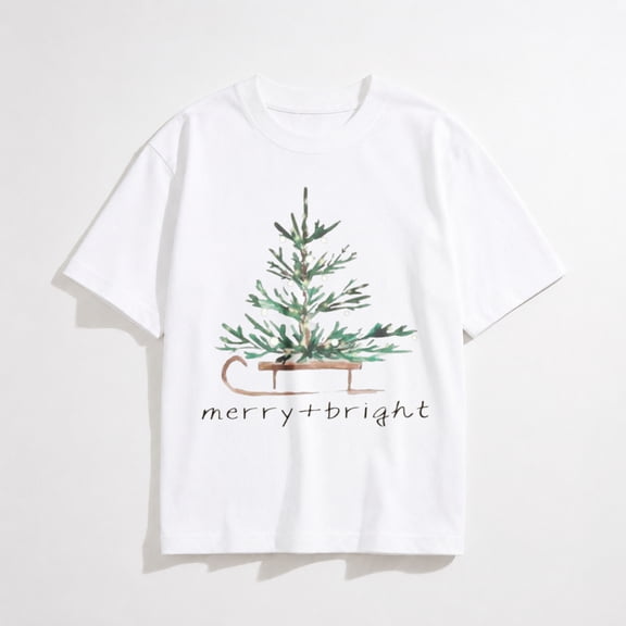 Women's Merry and Bright Christmas Tree Graphic T-Shirt, Holiday Short Sleeve Tee