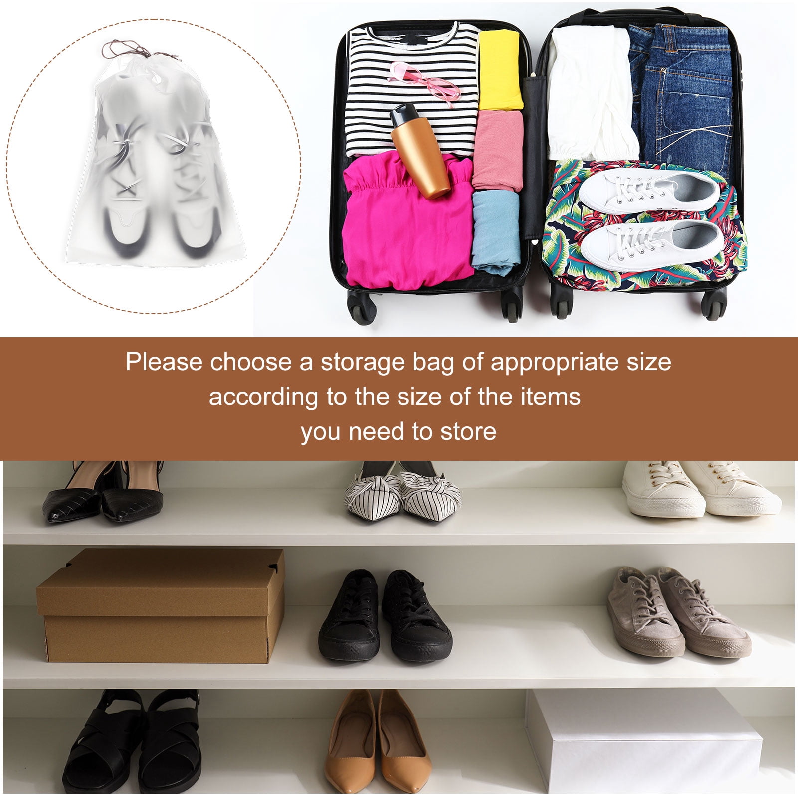 60pcs Transparent Shoe Bags 15.7" x 11.8" Clear PE Waterproof Shoe Bags, White