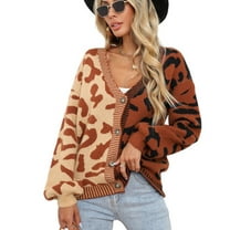 SWSMCLT Women's Long Sleeve Chunky Sweater V Neck Casual Cozy Baggy Knit Cardigan Sweater Cheetah Color Block Button Up Brown Medium