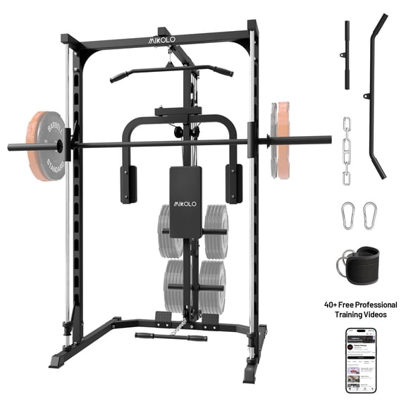 Mikolo Smith Machine Home Gym, Multi-Functional Power Rack with Pec Deck Machine, Lat Pull Down System with Bar, Low Row Station with Cable bar and Foot Board