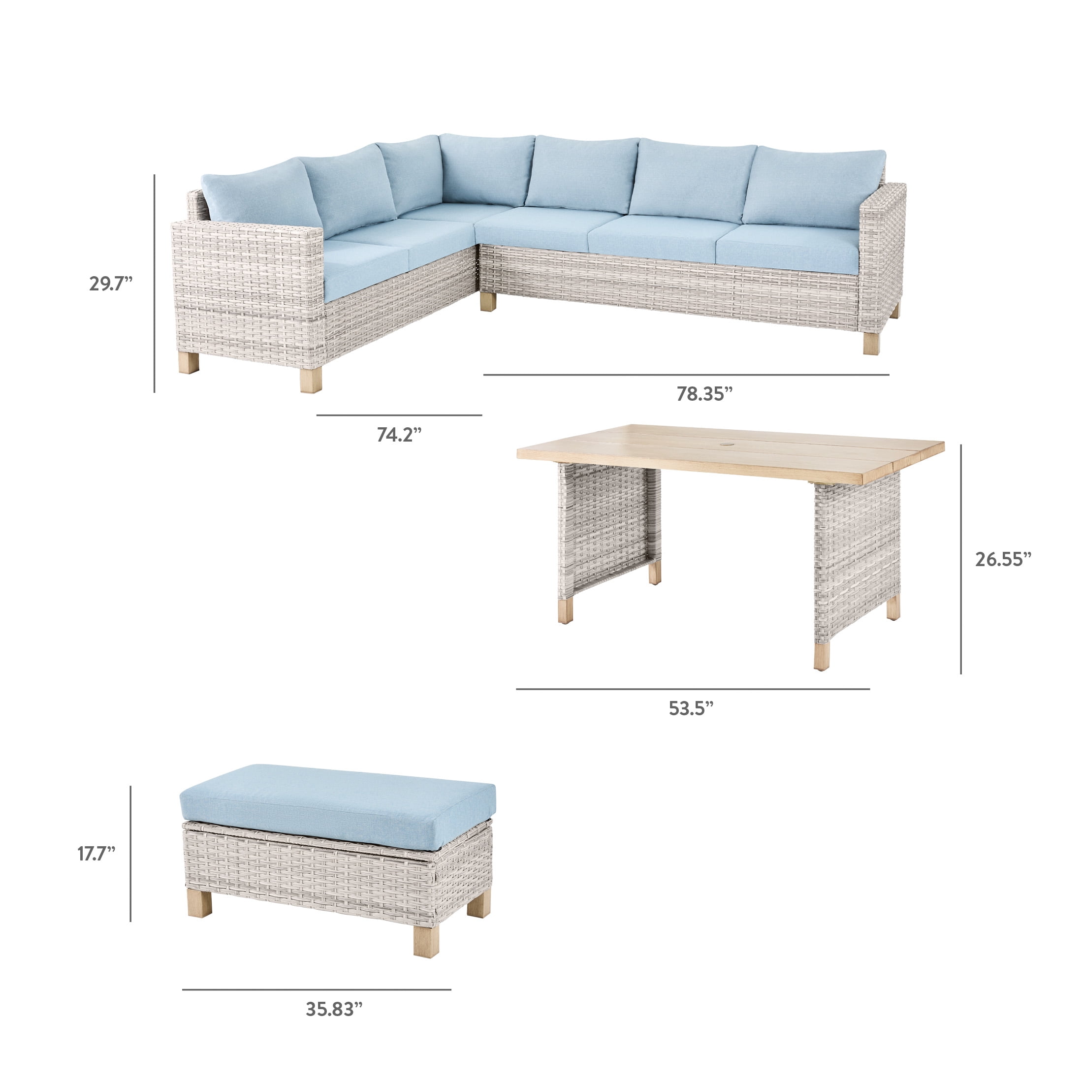 Better Homes & Gardens Brookbury 4-Piece Outdoor Wicker Patio Sectional Dining Set, White Wicker/Chambray Blue Cushions