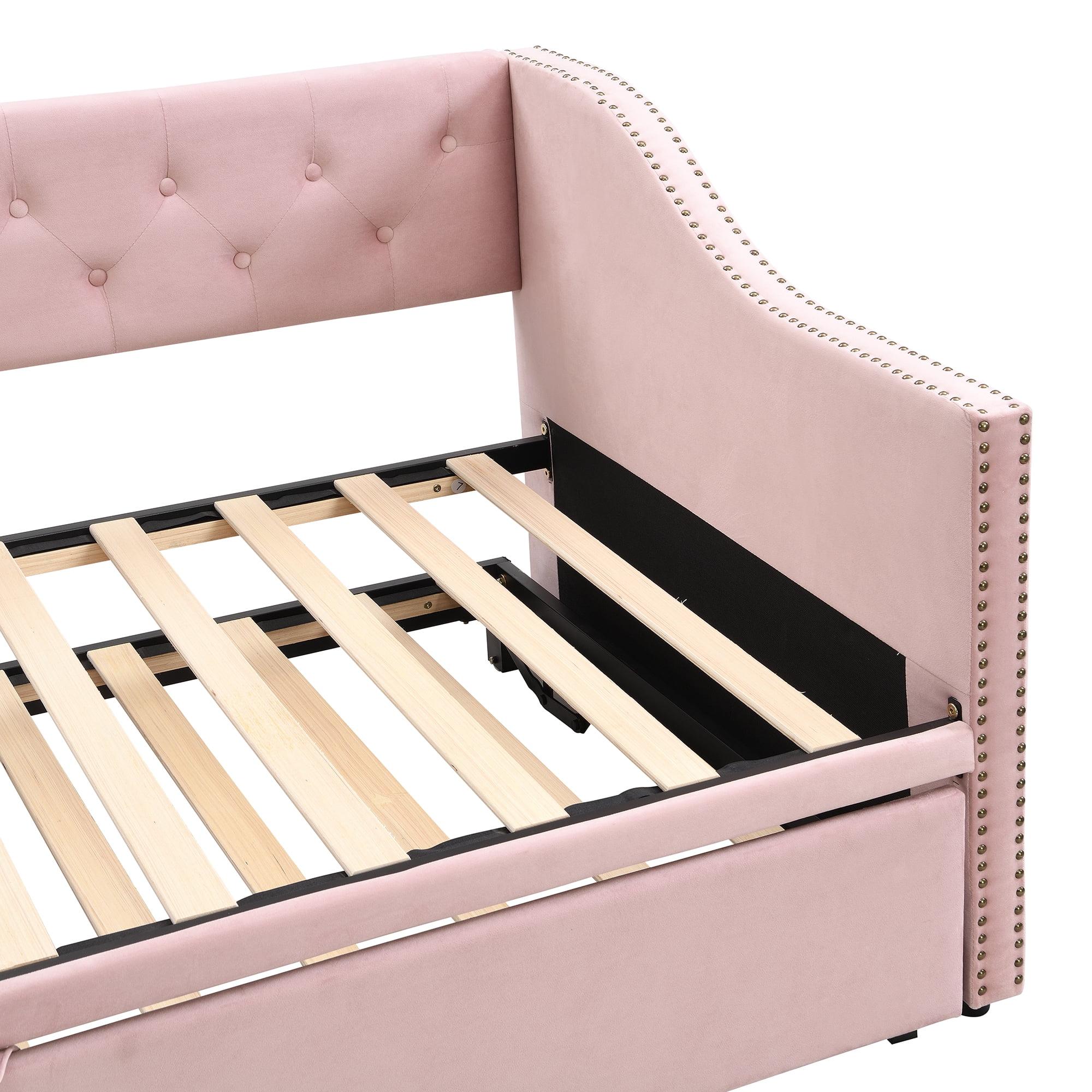 Aukfa Twin Daybed with Pop-Up Trundle, Velvet Upholstered Bed Frame with Button Tufted Back and Nailhead Trim, Space Saving Guest Bed for Kids Room/Living Room, Pink