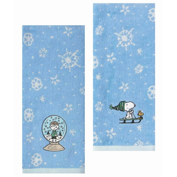 St Nicholas Blue Hand Towels Charlie Brown Snowdome Snoopy Sled, 2 Piece, Snowflakes Christmas
