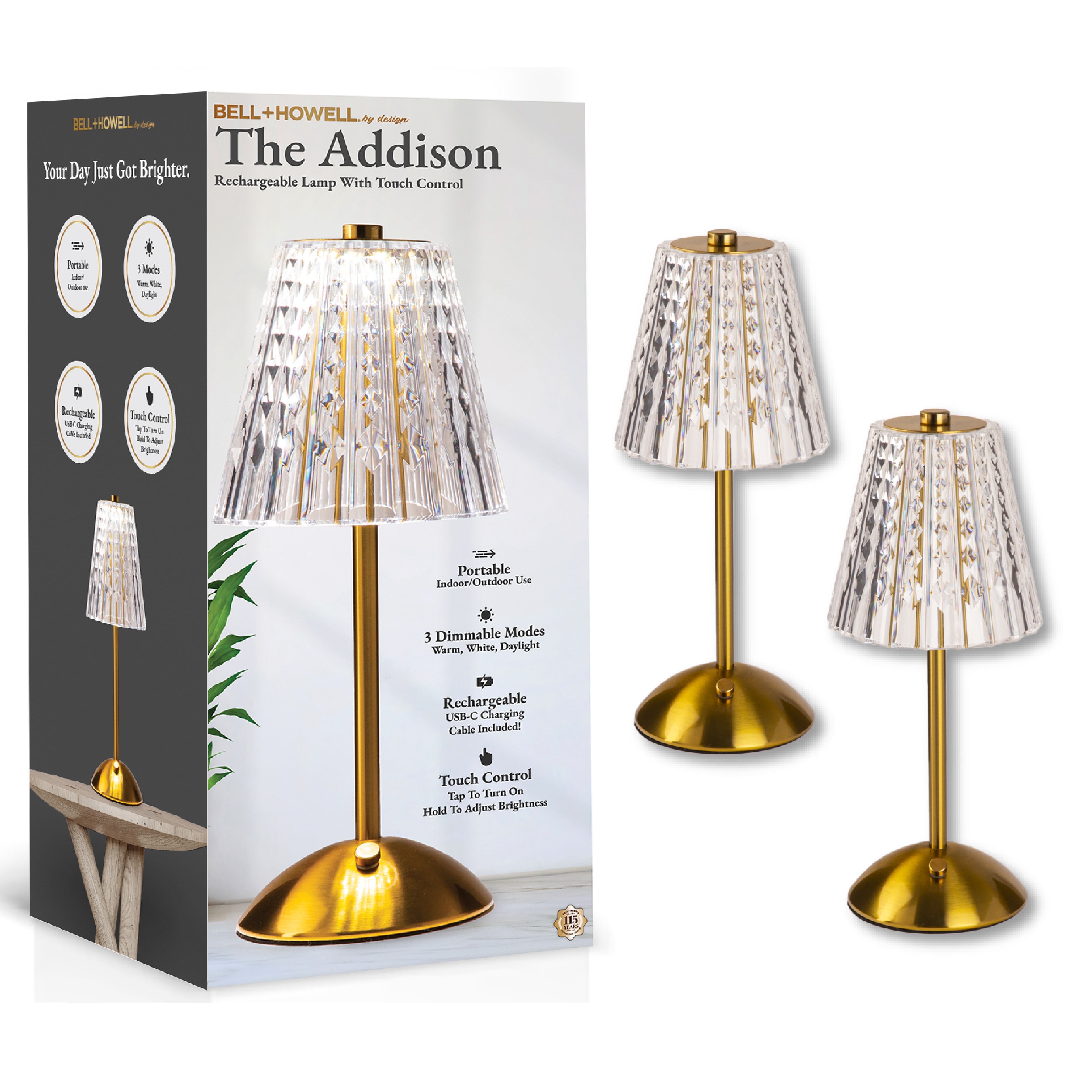 Bell and Howell Addison Table Lamp 2 Pack Small Cordless Touch LED Rechargeable Lamp Bedside Desk Nightstand Gold Base