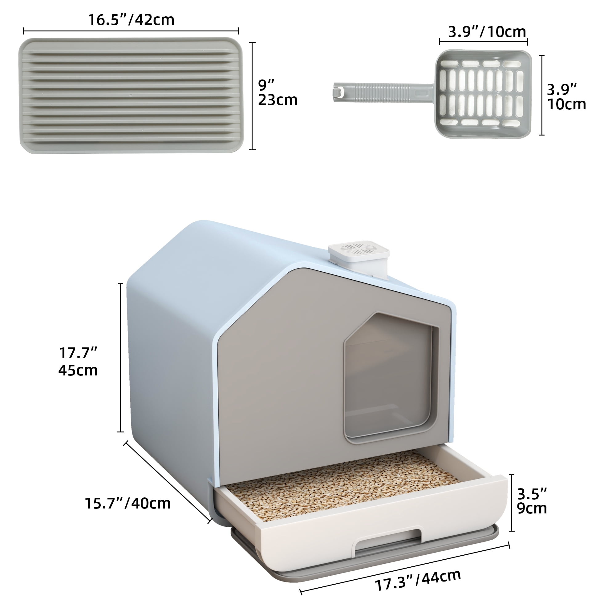 Uforic Extra Large Enclosed Cat Litter Box with Mat and Litter Scoop,Cat Toilet Box with Lid Drawer Type Easy to Clean,Blue