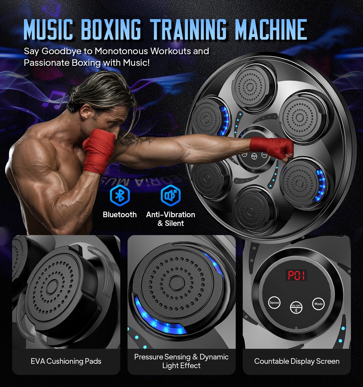LNOW Adults/Teenagers Music Boxing Machine with 2 Pairs Boxing Gloves, Wall Mounted Smart Bluetooth Music Boxing Trainer, Electronic Boxing Target Workout Punching Equipment for Home, Indoor and Gym