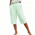 thumbnail image 5 of hoksml Women's Striped Elastic Waist Capri Pants - Cotton Linen Blend with Side Slits and Pockets, 5 of 9