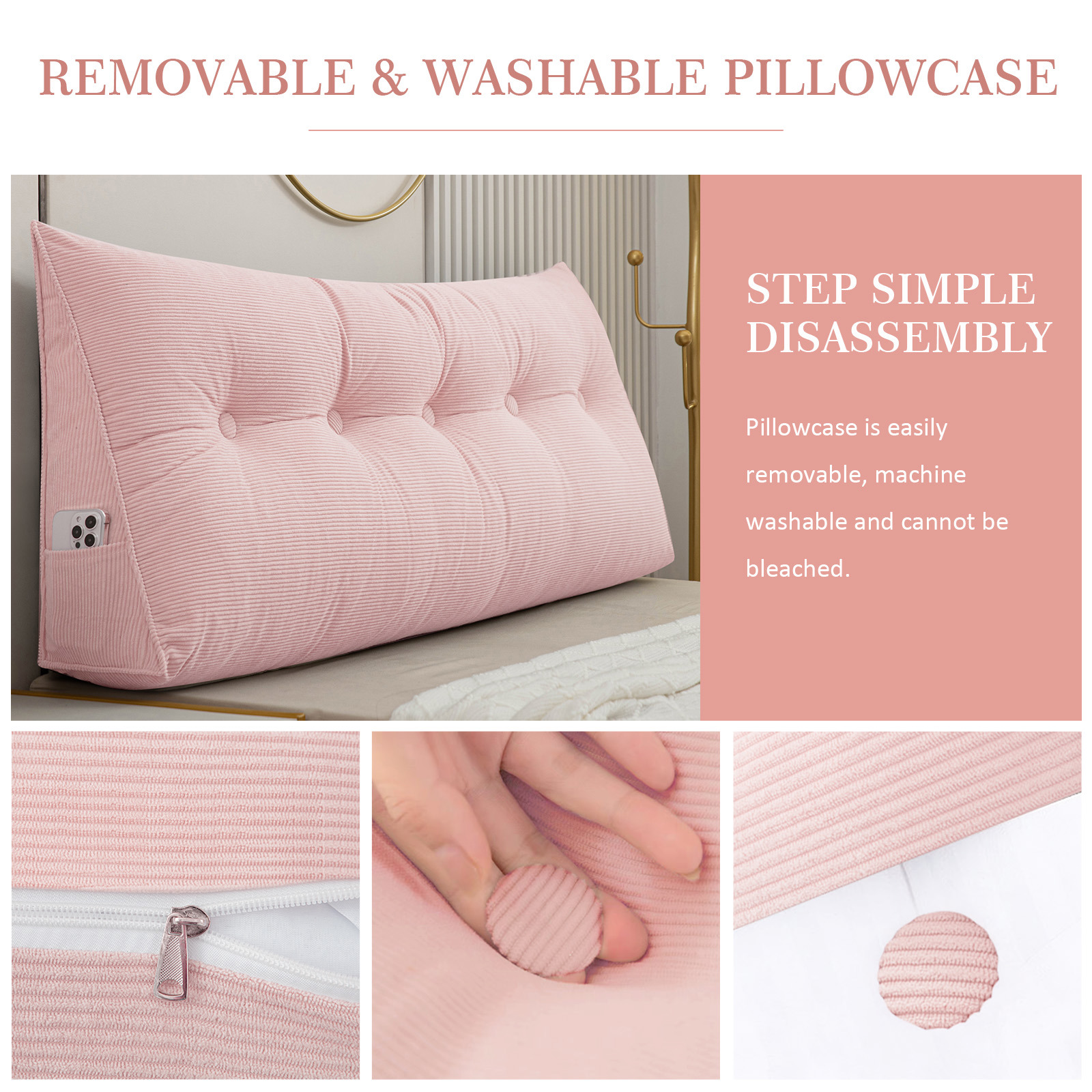 ANMINY Bed Wedge Pillow for Headboard Gap Reading Lumbar Back Rest Support Pillow for Bed Sofa Large Long Pillow with Side Pockets Removable Cover, 79"x20", Pink