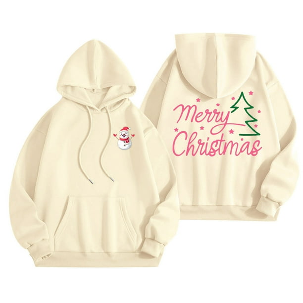 WILLBEST Sudaderas Deportivas para Mujer, Camiseta de Feliz Navidad para Mujer, Sudadera con Estampado de Letras y Árbol de Navidad, Sudadera con Capucha Navideña XX-Grande