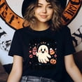 thumbnail image 3 of Eat Drink and Be Scary Graphic Tee Funny Ghost Pumpkin Shirt, Azalea, Size XL, 3 of 6