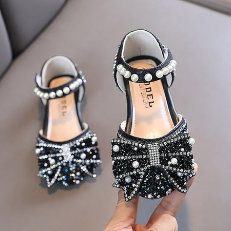 

kpoplk Walking Shoes For Baby Children Girls Flat Pearl Crystal Shoes Bow Princess Shoes PU Leather Solid Toddler Shoes Girl(Black)