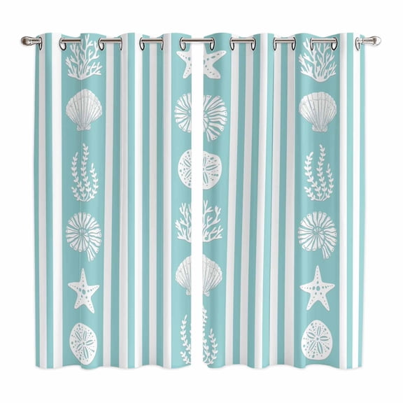 Teal Striped Coastal Kitchen Curtains 63 Inch Length, Nautical Beach Starfish Shell Grommet Top Bedroom Living Room Curtains, Light Filtering Cafe Curtain Drapes 2 Panels Set 84''x63''