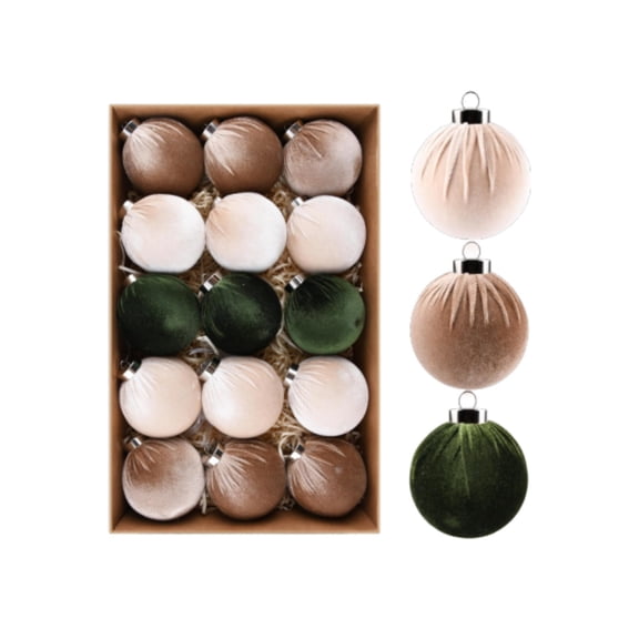 Christmas Tree Ornaments Velvet Balls - Pack of 15pcs Shatterproof Xmas Bulbs Decorations Set - Multicolor Green Brown Neutral, 80mm 3.15 inch - Army Green