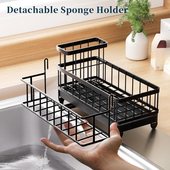 Sponge Holder for Kitchen Sink - Auto Draining Sink Caddy Organizer with Detachable Rack, High Brush Holder, Kitchen Countertop Storage Accessories