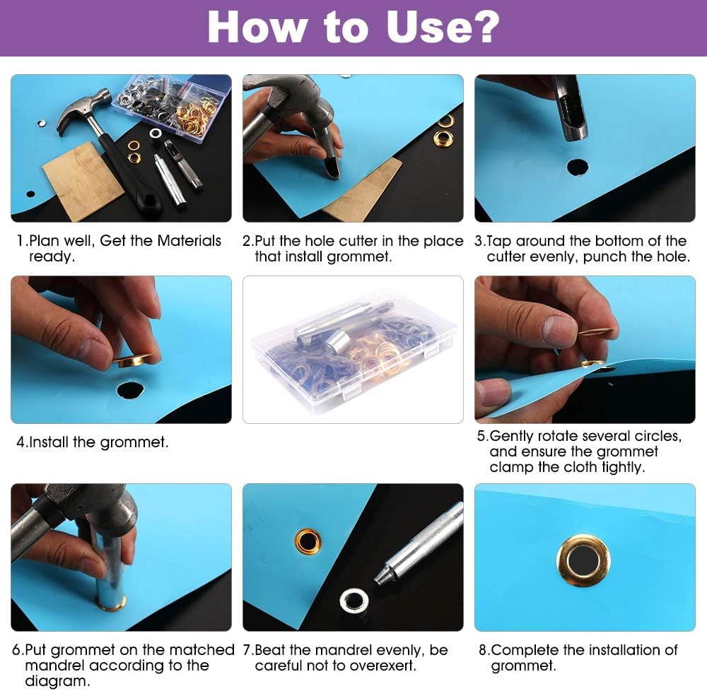 ABCISI 1/2inch Grommet Kit, 100 Sets Grommets Eyelets with 3 Pieces Install Tool Kit, 4 Colors Grommets Kit with Storage Box for Craft Making, Repair and Decoration