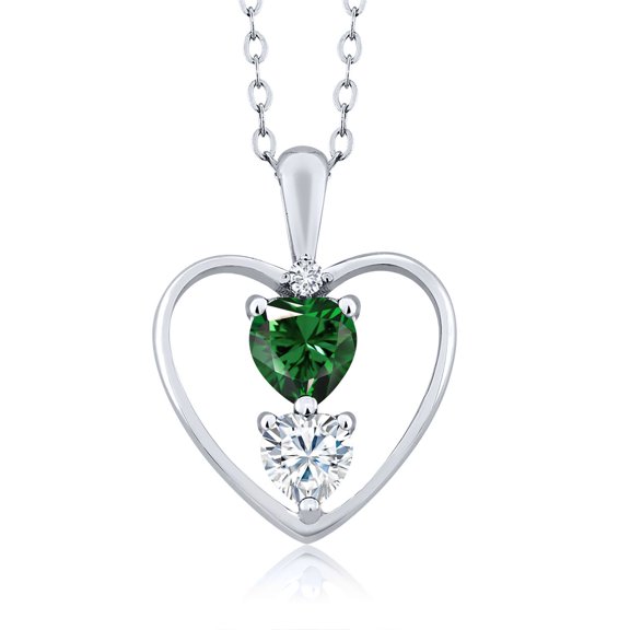 Gem Stone King 925 Sterling Silver Green Nano Emerald White Moissanite and White Diamond Pendant Necklace for Women (0.74 Cttw, Gemstone May Birthstone, Heart 5MM and 4MM, with 18 inch Silver Chain)