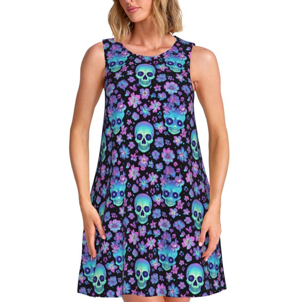 Fotbe Funny Skull Flower Vestido de Verano sin Mangas para Mujer – Vestido Midi Línea A, Estilo Camiseta Floral, Vestido Playero Casual y Fluido