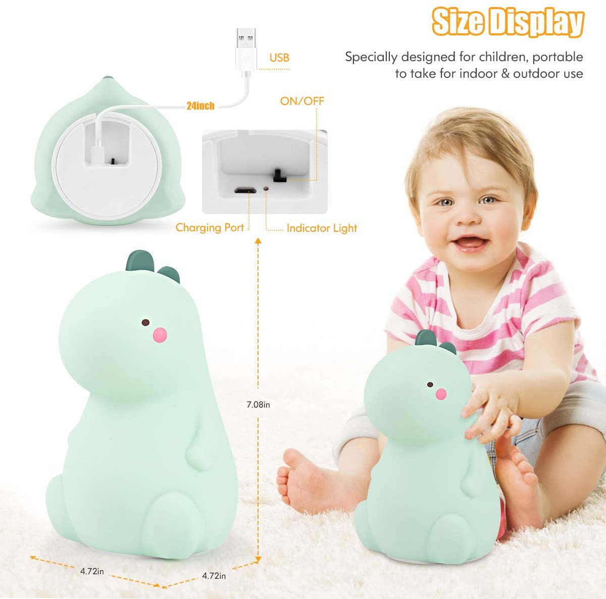 LNKOO Dinosaur Night Light - Cute Baby Night Light, Silicone Baby Night Light with Touch Sensor,Night lamp Rechargeable LED Bedside Nursery Lamp Tiktok Dinosaur lamp for Boys & Girls (USB Powered)