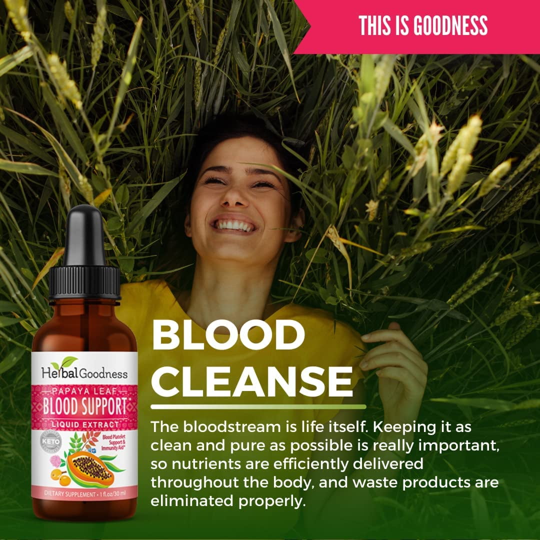 Papaya Blood Support Liquid  1 fl.oz, Papaya Leaf Extract, Healthy Platelets Vitamins, Cleanse, Natural Detox, Non-GMO Supplement - Herbal Goodness