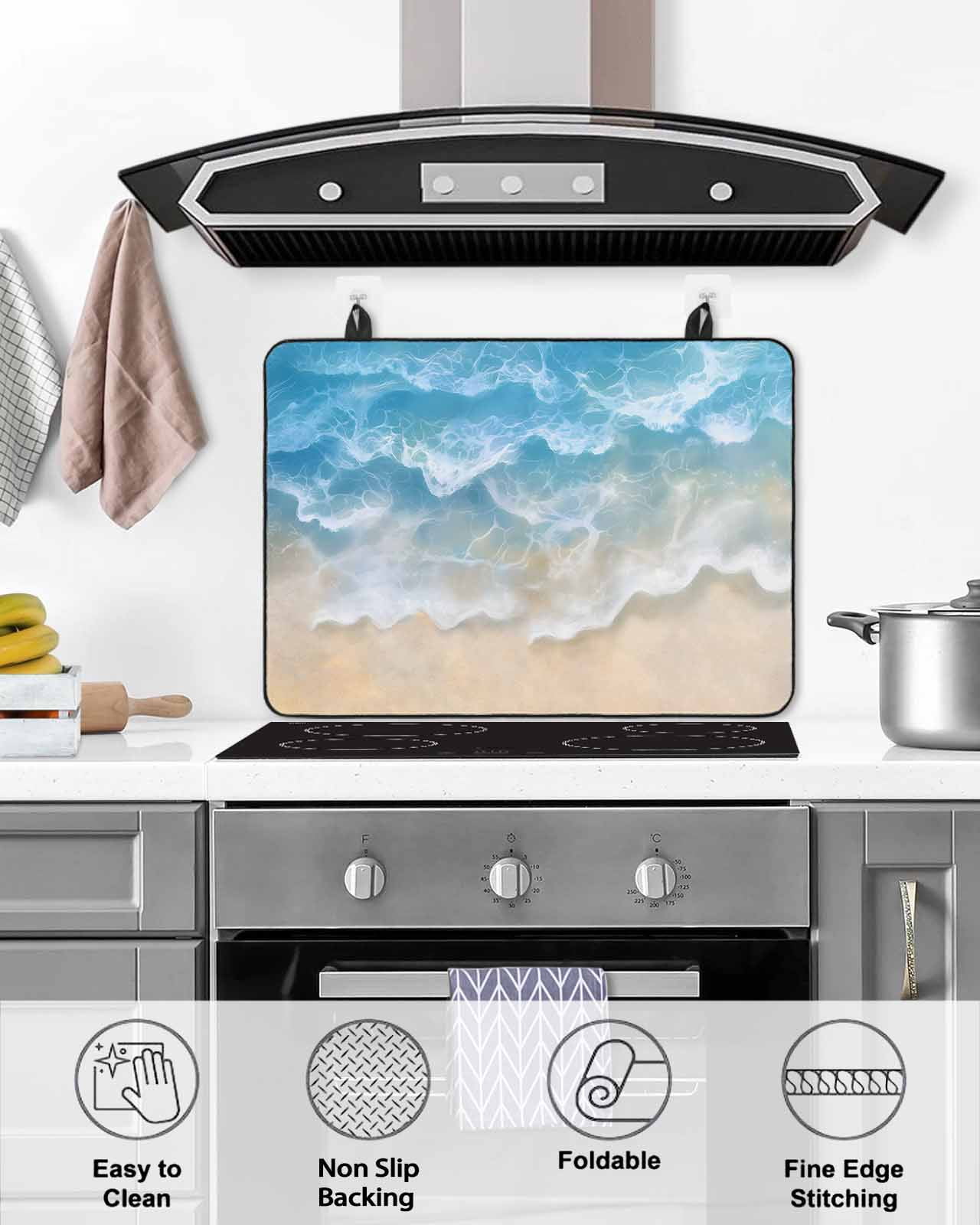 nqOlkjepod Large Induction Cooktop Protector Mat 24"x21", Blue Ocean Stove Top Covers for Electric Stove, Nature Summer Beach Brown Sand Water Ripple Stove Burner Cover Mats, Glass Top Stove Cover
