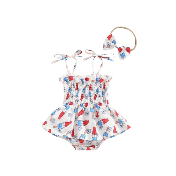 Hirigin 4th of July Baby Girl Outfit Ice Cream Floral Sleeveless Romper Dress Headband Set 0 6 12 18 24 Months Fourth of July Clothes