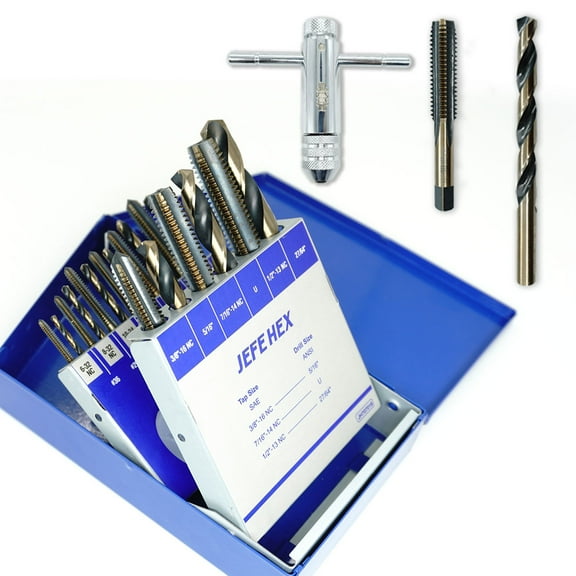 JEFE HEX 18-Piece Drill and Tap Set with 1 Piece T-Handle Ratchet Tap Wrench with Metal Indexed Box