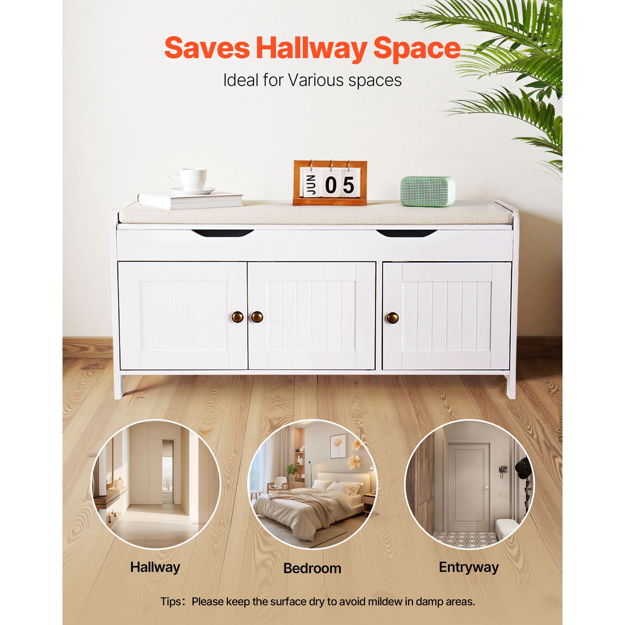 KFFKFF Entryway Bench with Lift-Top Storage, 41.3 x 13.8 x 19.8 Inch Shoe Rack with Cushion, 250lbs Capacity, 3 Cabinets and Adjustable Shelf, for Bedroom or Hallway, White and Black
