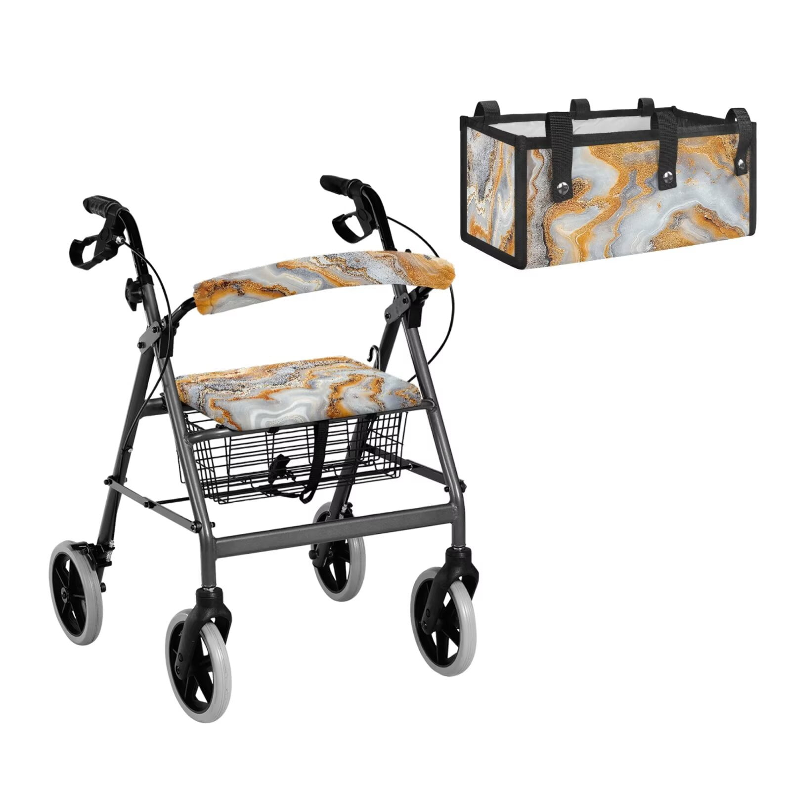COEQINE Rollator Walker Seat and Backrest Covers with Storage Bag 3 Pieces Set, Universal Washable Rollator Walker Accessories Gifts for Seniors Ladies, Yellow Gray Marble