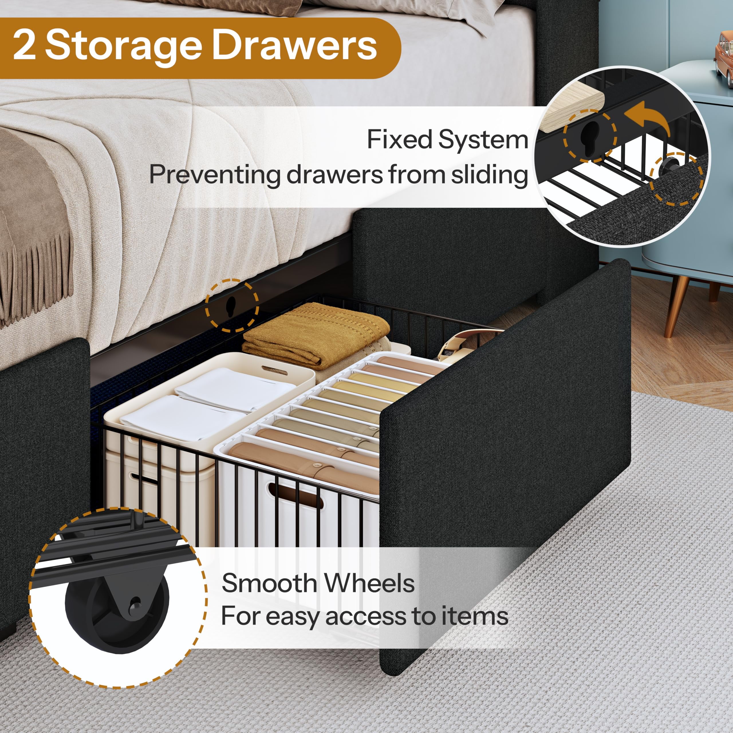 ChicZhiNest Twin Bed Frame with 2 Drawers and Storage Cabinets, Linen Upholstered Headboard LED Platform Bed with Charging Station, Black