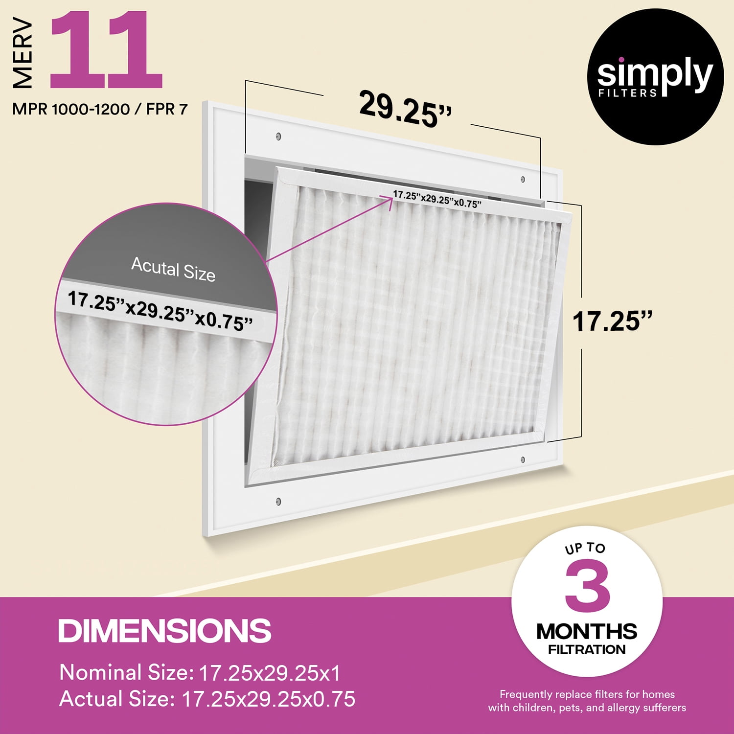 Simply Filters 17.25x29.25x1 MERV 11, MPR 1000, AC Furnace HVAC Air Filter (4 Pack)