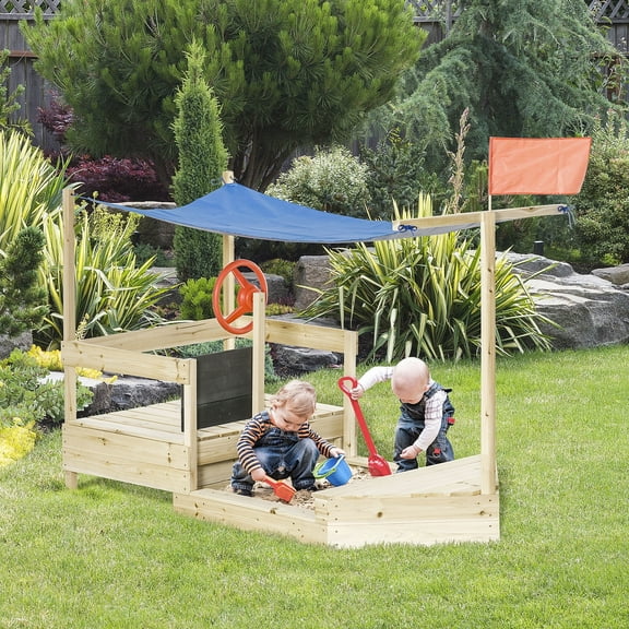Outsunny 71" Wooden Kids Sandbox with Covered Protection Under Canopy