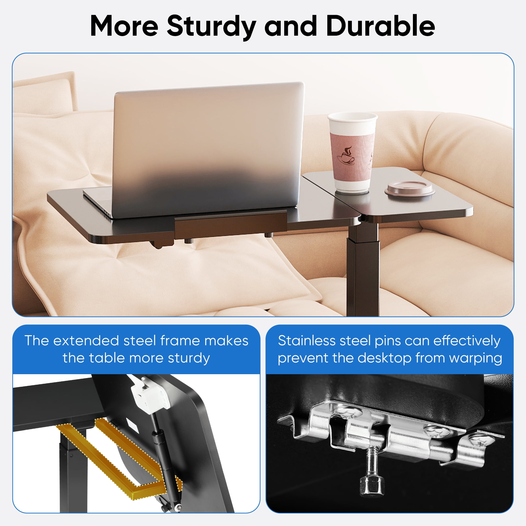 ZUNMOS Overbed Bedside Lap Desk with Wheels and Tilt Top, Mobile Standing Lap Desk Pneumatic Adjustable Height for Home Office Bedroom Sofa, Black