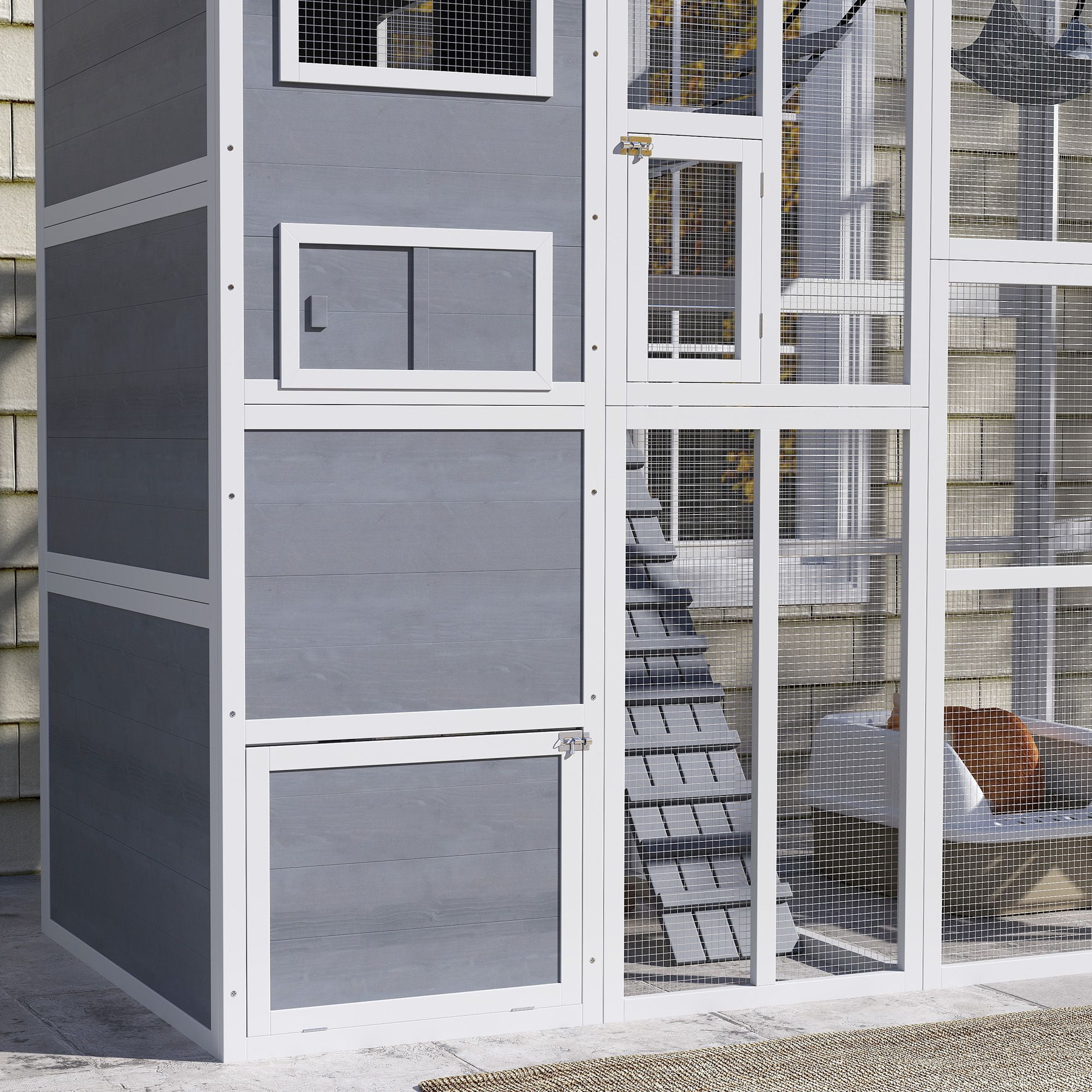 PawHut Large Outdoor Catio Enclosure, 76"W x 67.9"H Gray Fir Wood Cat Patio with 4-Tier House, Ramps, Hammock & Platforms for Backyard, Garden, and Secure Pet Play Space