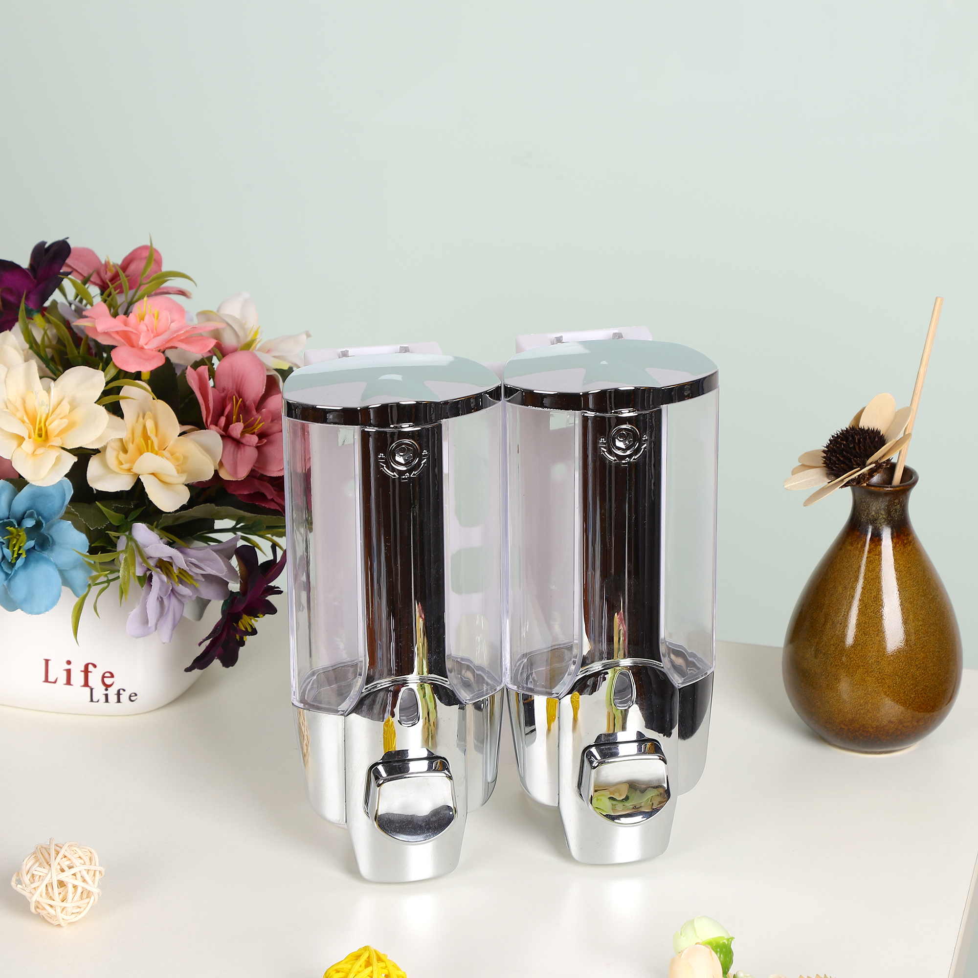 2 Chamber Wall Mounted Shower Soap Dispenser 760ml/26oz Commercial