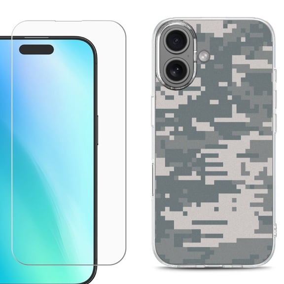 For iPhone 16 Phone Case Cover, Shockproof Case with Tempered Glass Screen Protector, by OneToughShield - Digital Camo