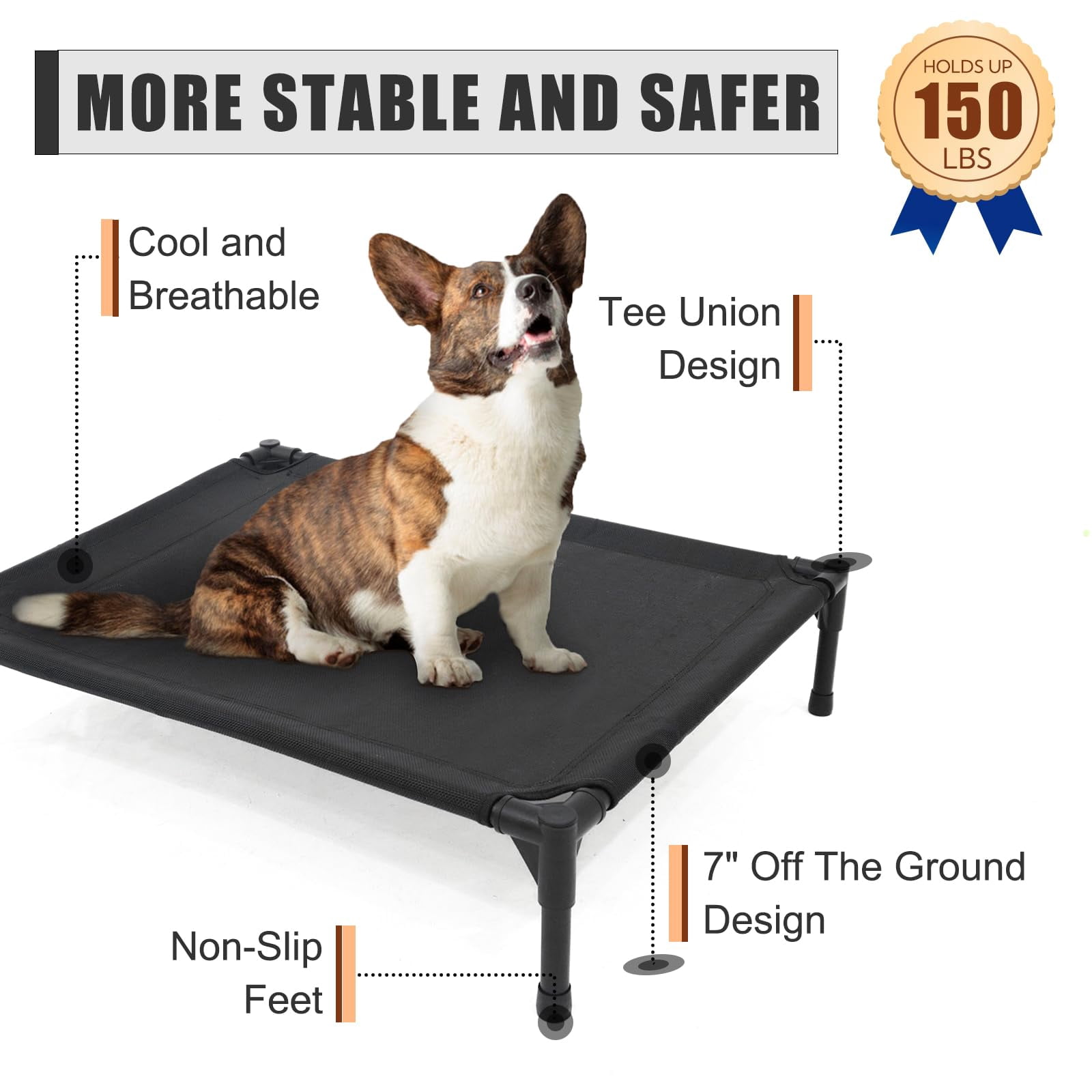 Elevated Dog Bed - Raised Fits Up To 150 Lbs  Heavy Duty Pet With Durable Supportive Mesh Indoor & Outdoor Dark Grey