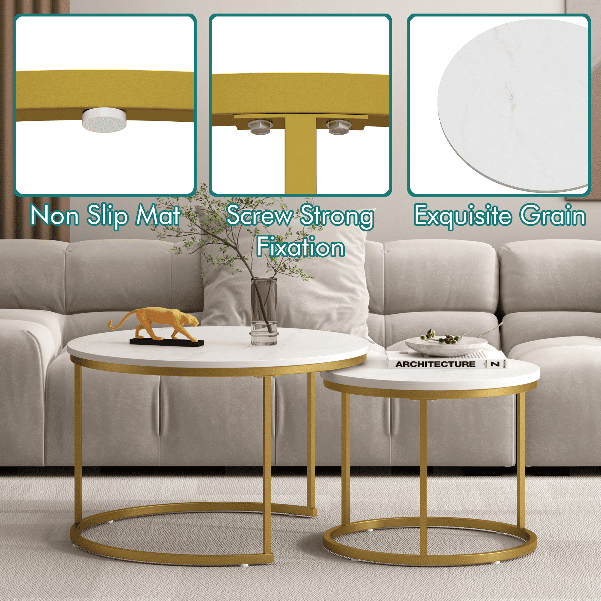 27.6in Nesting Coffee Table Set of 2, Round Coffee Table Wood Marble Pattern Top with Sturdy Metal Frame, End Table Side Tables for Living Room Bedroom Balcony Yard (White)