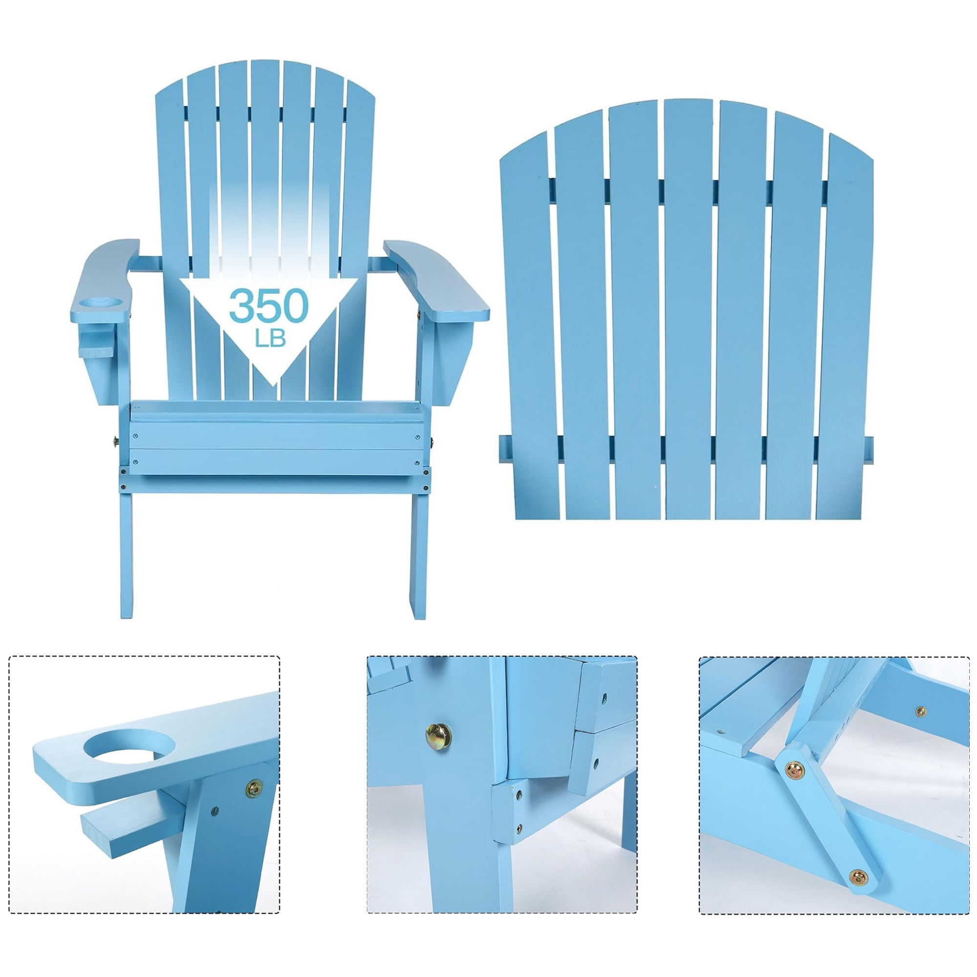 Nalwort Adirondack Chairs, Outdoor Wooden Lawn Chairs with Cup Holder, Patio Chair for Garden,Yard,Poolside,Backyard, 350lb Weight Capacity (Blue)