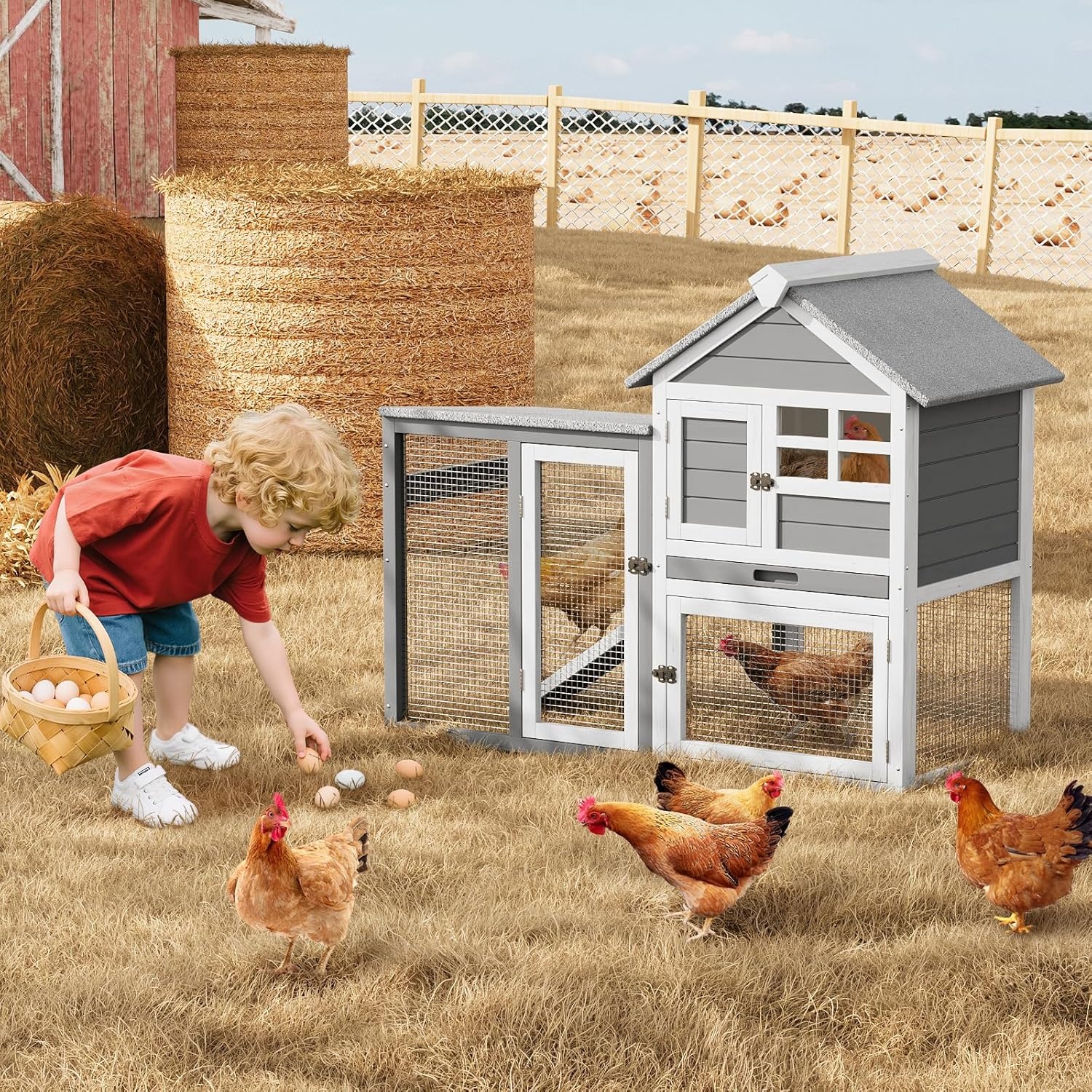 Large Rabbit Hutch Outdoor Indoor with Pull Out Tray Wooden Bunny Hutch, Guinea Pig Cage Chicken Co op with Run, Removable Tray, Asphalt Roof, Lockable Doors and Ramp