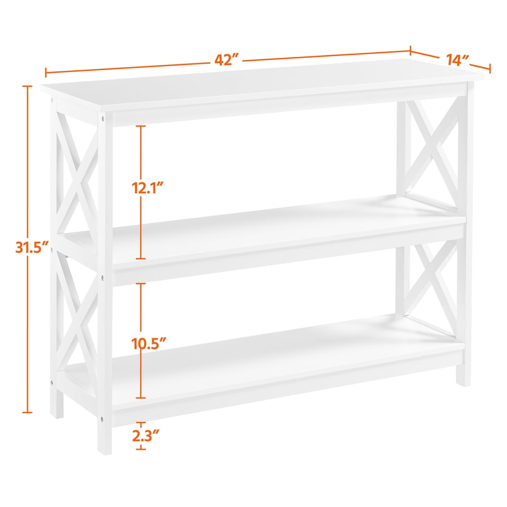 Alden Design 3 Tier Wooden X-Design Console Table with Storage Shelves, White
