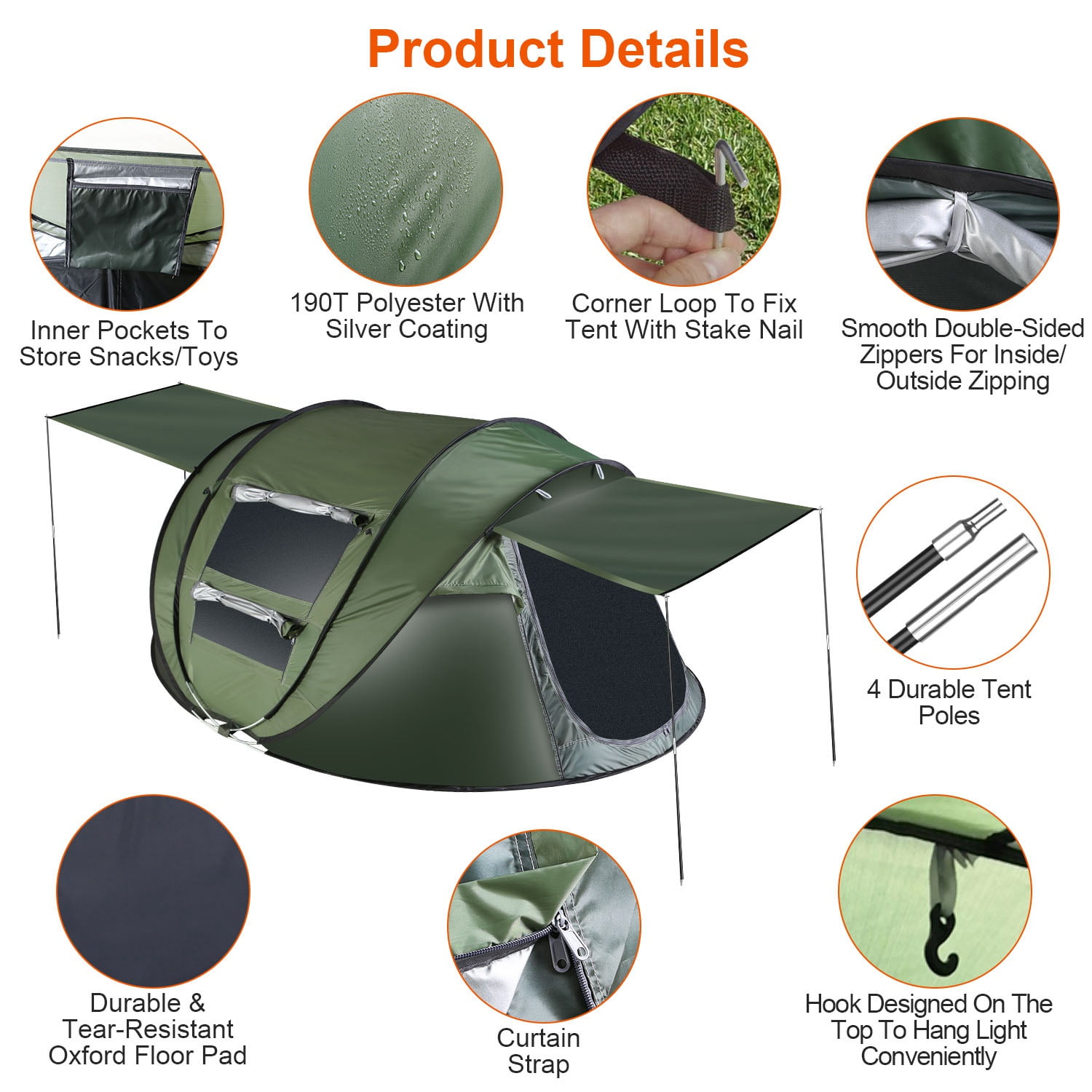 Pop up Camping Tent for 4-5 Person Tent Waterproof Instant Easy Setup Family Tent with 4 Tent Poles for Camping Hiking Climbing Traveling Khaki