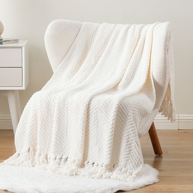 Battilo Cream Throw Blanket for Couch, Textured Knitted Throw Blanket with Tassels, Couch Cover Blanket Warm Decorative White Throw Blanket for Sofa Living Room, 50" x 60"