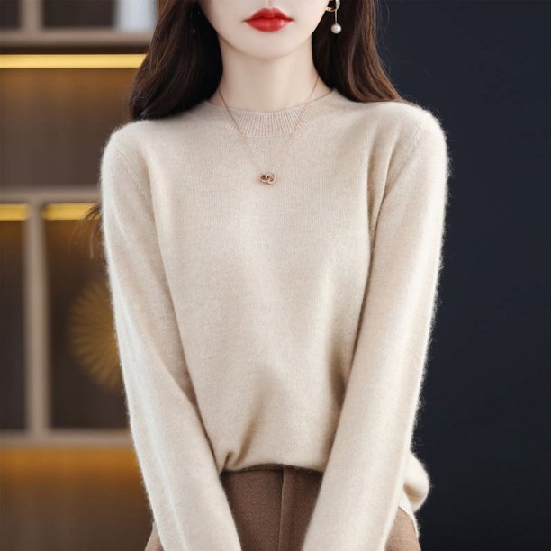 Suéter de cachemira pura de otoño e invierno para mujer, jersey corto de cuello redondo, jersey de manga larga de lana de tubo recto, suéter versátil